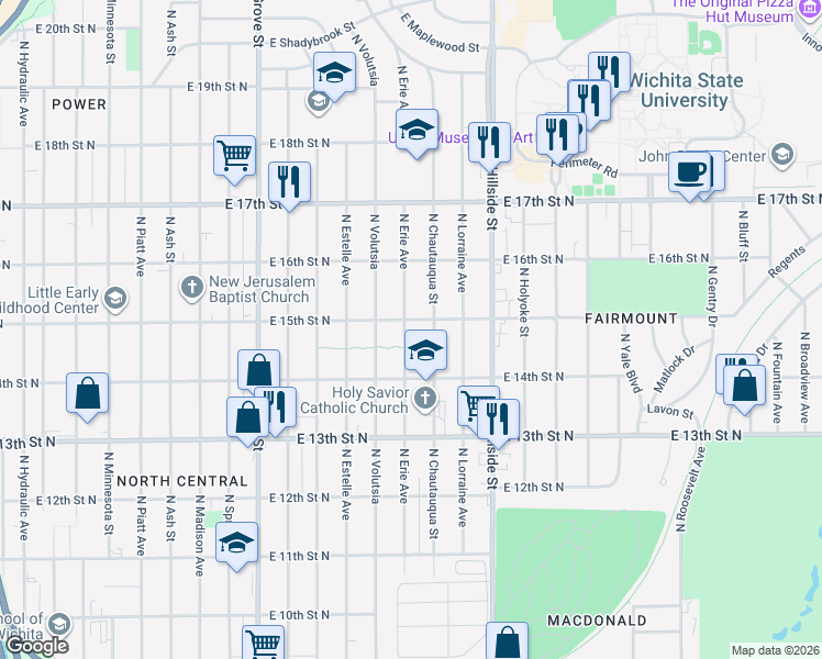 map of restaurants, bars, coffee shops, grocery stores, and more near 1552 North Erie Street in Wichita