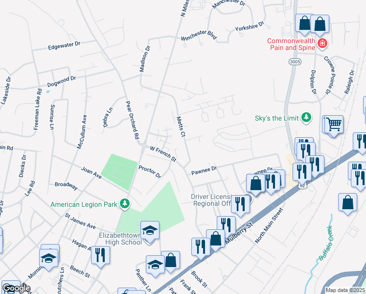 map of restaurants, bars, coffee shops, grocery stores, and more near 252 Metts Court in Elizabethtown