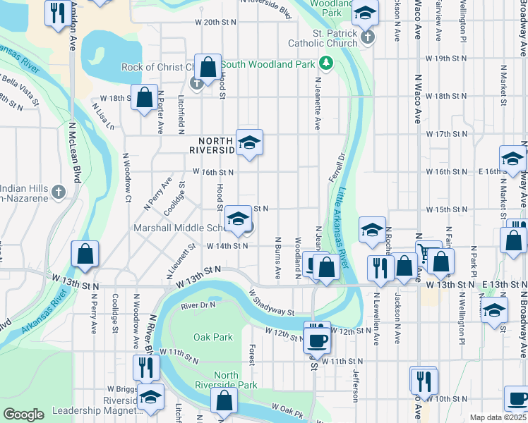 map of restaurants, bars, coffee shops, grocery stores, and more near 1025 West 15th Street North in Wichita