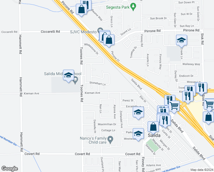 map of restaurants, bars, coffee shops, grocery stores, and more near 5248 Stonehart Lane in Salida