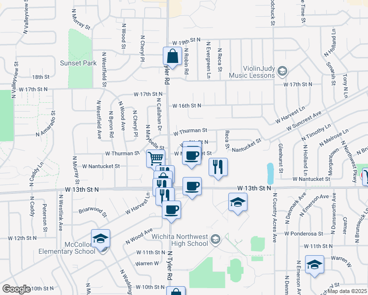 map of restaurants, bars, coffee shops, grocery stores, and more near 8711 West 15th Street North in Wichita