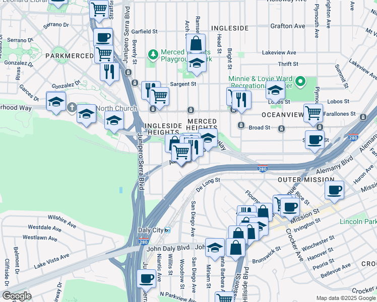 map of restaurants, bars, coffee shops, grocery stores, and more near 4 Arch Street in San Francisco