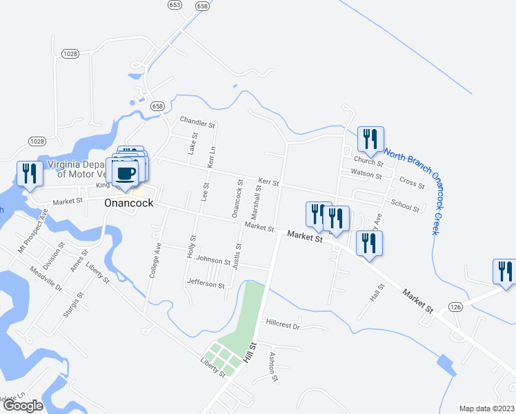 map of restaurants, bars, coffee shops, grocery stores, and more near 6 Marshall Street in Onancock