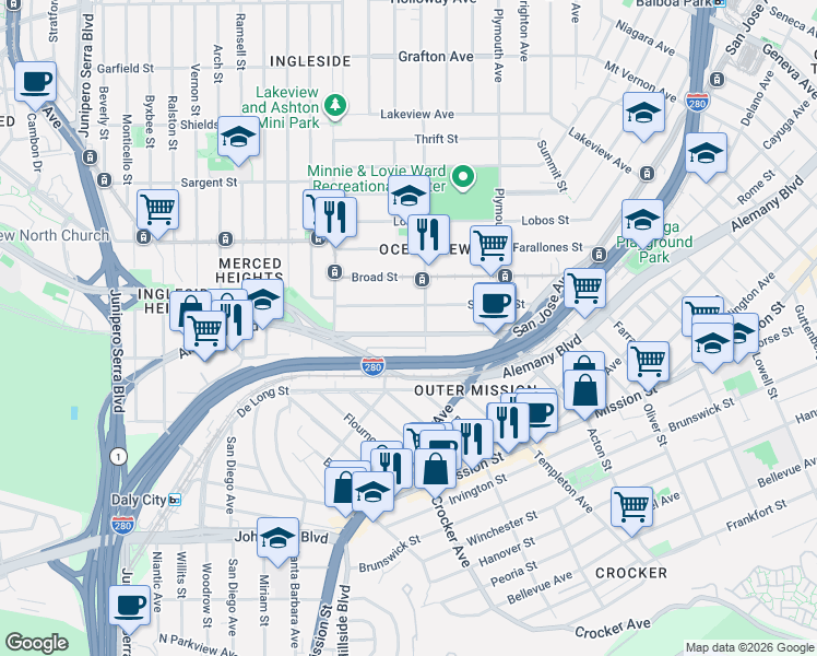 map of restaurants, bars, coffee shops, grocery stores, and more near 218 Sagamore Street in San Francisco