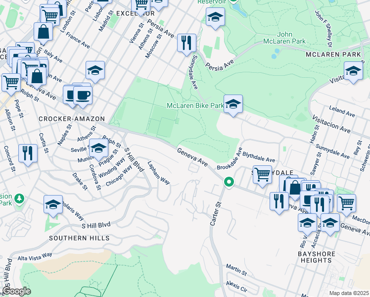 map of restaurants, bars, coffee shops, grocery stores, and more near 1685 Geneva Avenue in San Francisco
