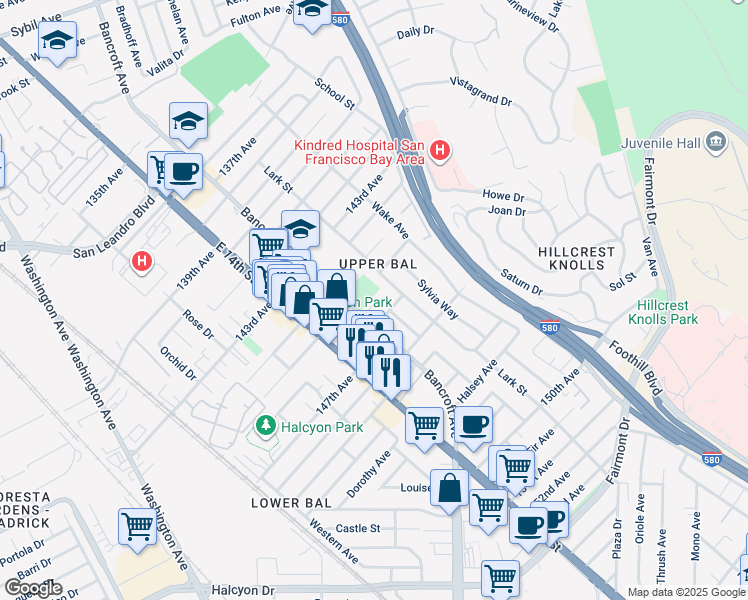 map of restaurants, bars, coffee shops, grocery stores, and more near 1565 146th Avenue in San Leandro