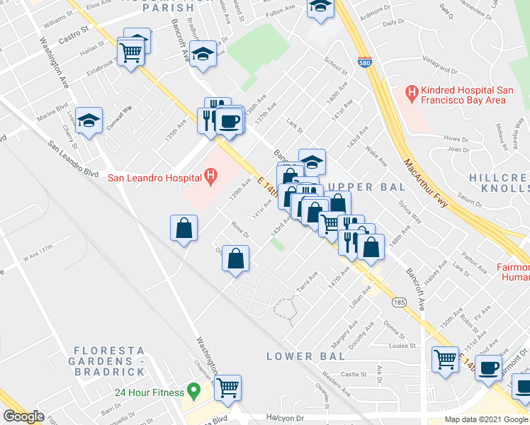 map of restaurants, bars, coffee shops, grocery stores, and more near 14255 East 14th Street in San Leandro