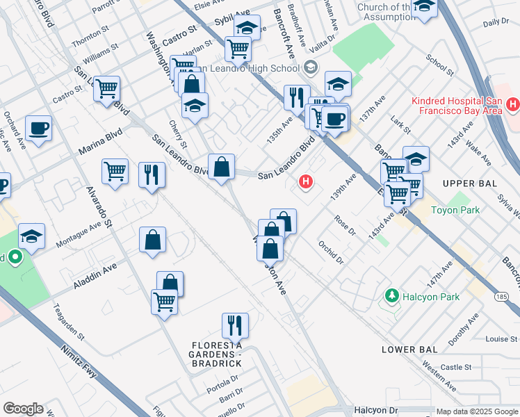 map of restaurants, bars, coffee shops, grocery stores, and more near 2600 San Leandro Boulevard in San Leandro