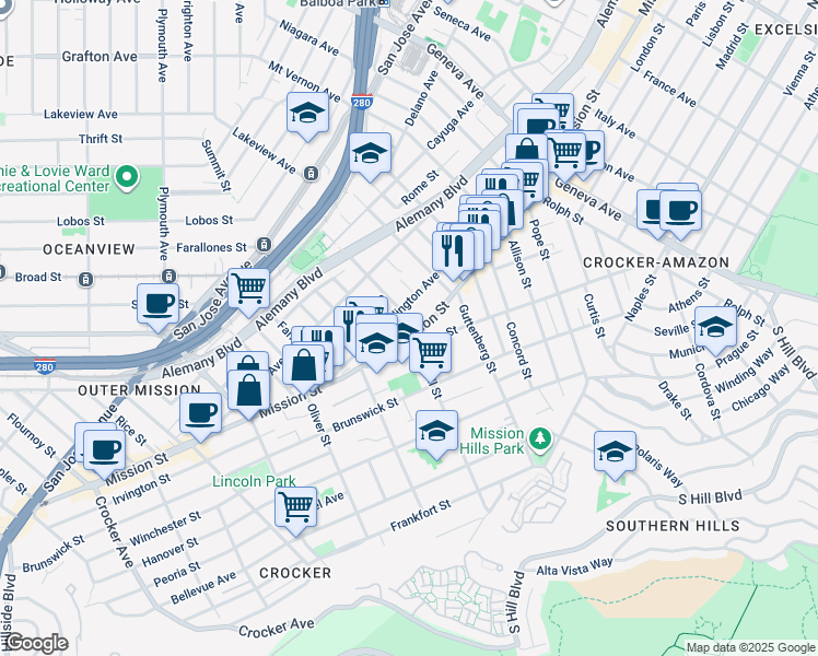 map of restaurants, bars, coffee shops, grocery stores, and more near in San Francisco