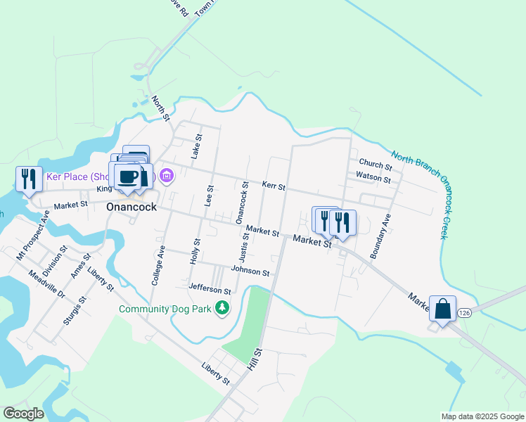 map of restaurants, bars, coffee shops, grocery stores, and more near 6 Marshall Street in Onancock