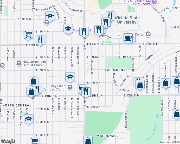 map of restaurants, bars, coffee shops, grocery stores, and more near 1548 North Holyoke Street in Wichita