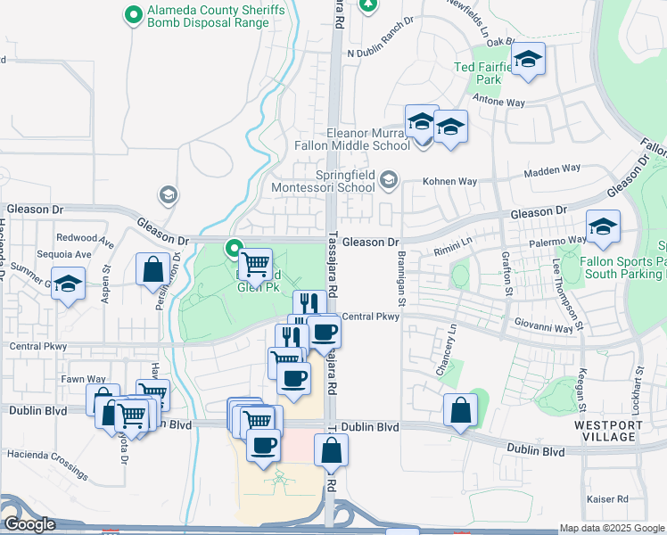 map of restaurants, bars, coffee shops, grocery stores, and more near 5973 Tassajara Road in Dublin