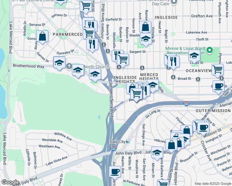 map of restaurants, bars, coffee shops, grocery stores, and more near 256 Chester Avenue in San Francisco