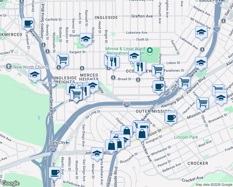 map of restaurants, bars, coffee shops, grocery stores, and more near 286 Sagamore Street in San Francisco