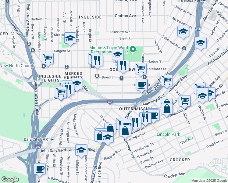 map of restaurants, bars, coffee shops, grocery stores, and more near 230 Sagamore Street in San Francisco