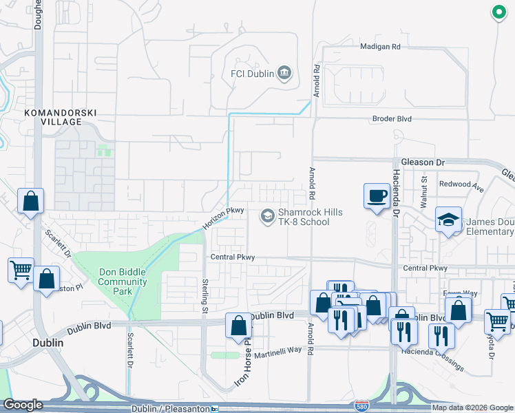 map of restaurants, bars, coffee shops, grocery stores, and more near 5535 Horizon Parkway in Dublin