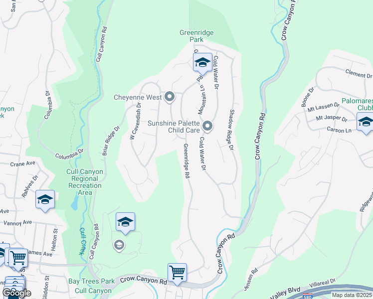 map of restaurants, bars, coffee shops, grocery stores, and more near 5725 Greenridge Road in Castro Valley