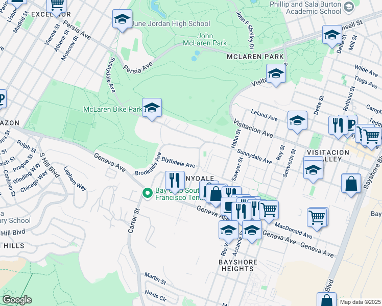 map of restaurants, bars, coffee shops, grocery stores, and more near 37 Brookdale Avenue in San Francisco