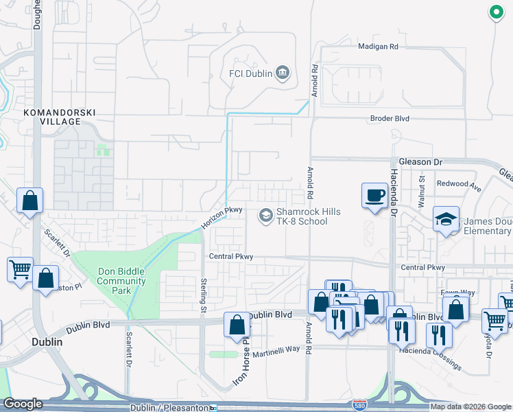 map of restaurants, bars, coffee shops, grocery stores, and more near 5535 Horizon Parkway in Dublin