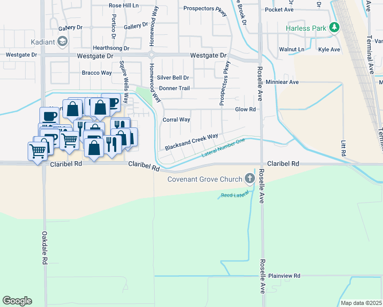 map of restaurants, bars, coffee shops, grocery stores, and more near 5016 Winding River Court in Riverbank
