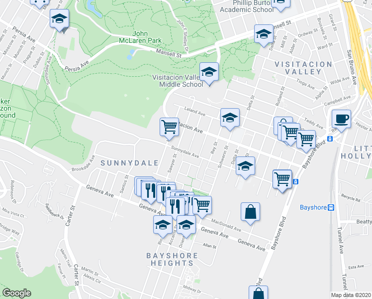 map of restaurants, bars, coffee shops, grocery stores, and more near 1310 Sunnydale Avenue in San Francisco