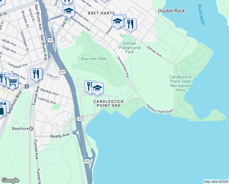 map of restaurants, bars, coffee shops, grocery stores, and more near 601 Crescent Way in San Francisco
