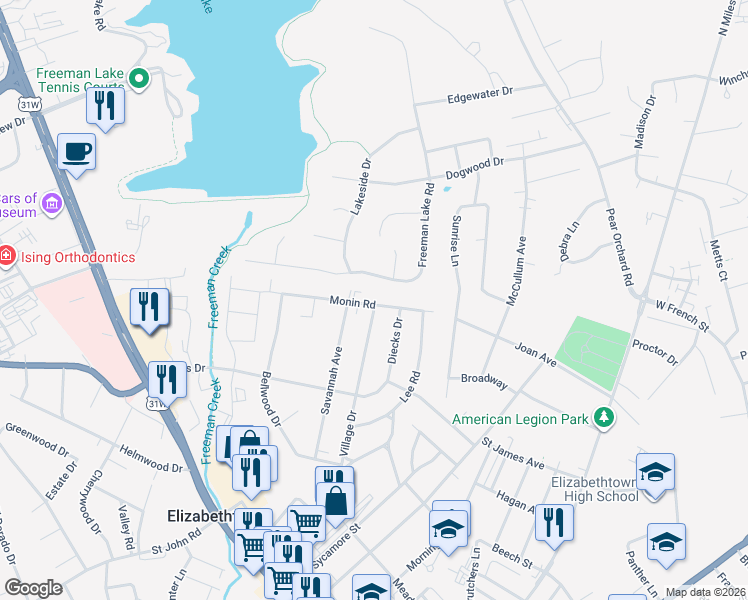 map of restaurants, bars, coffee shops, grocery stores, and more near 801 Monin Road in Elizabethtown