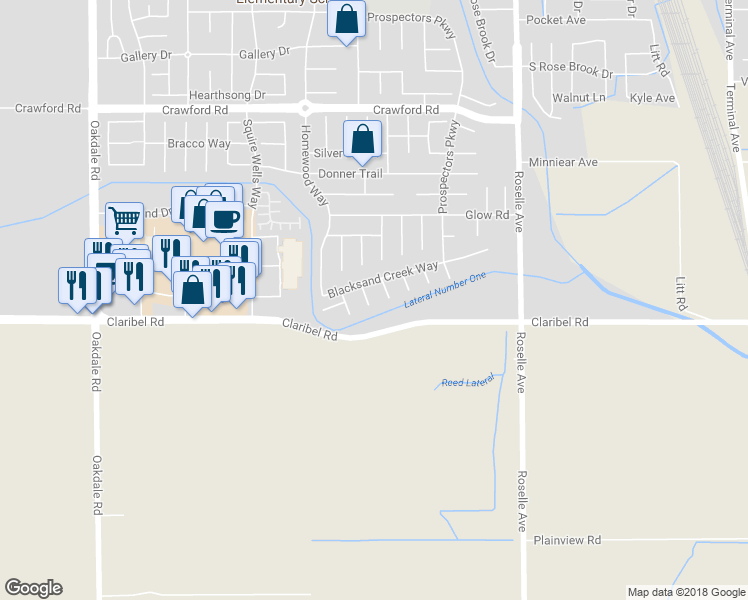 map of restaurants, bars, coffee shops, grocery stores, and more near 5016 Winding River Court in Riverbank