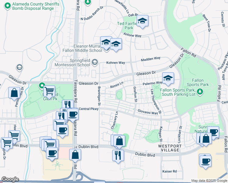 map of restaurants, bars, coffee shops, grocery stores, and more near 3662 Rimini Lane in Dublin