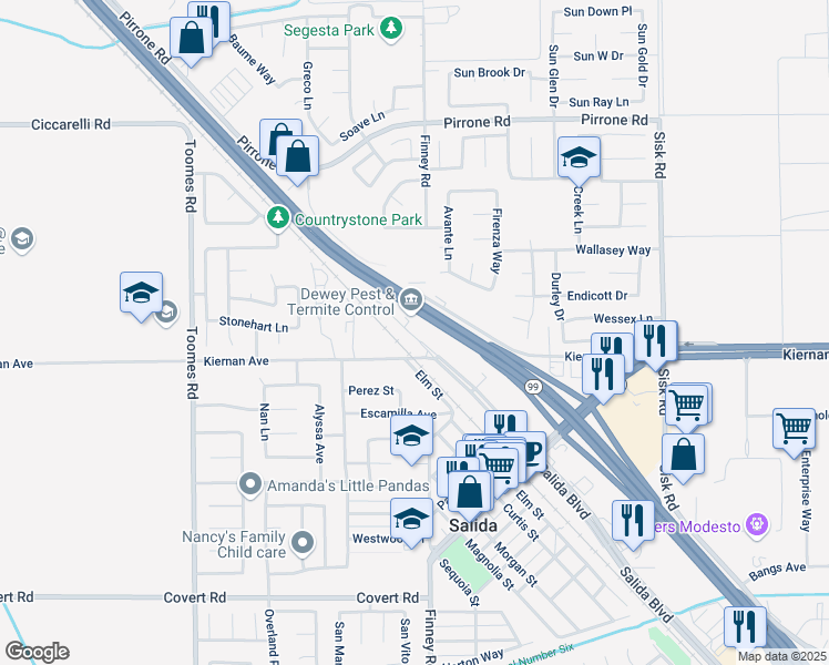 map of restaurants, bars, coffee shops, grocery stores, and more near 5000 Salida Boulevard in Salida