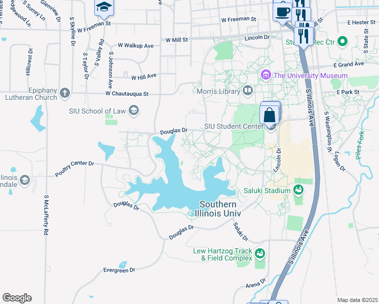 map of restaurants, bars, coffee shops, grocery stores, and more near 878 Lentz Drive in Carbondale
