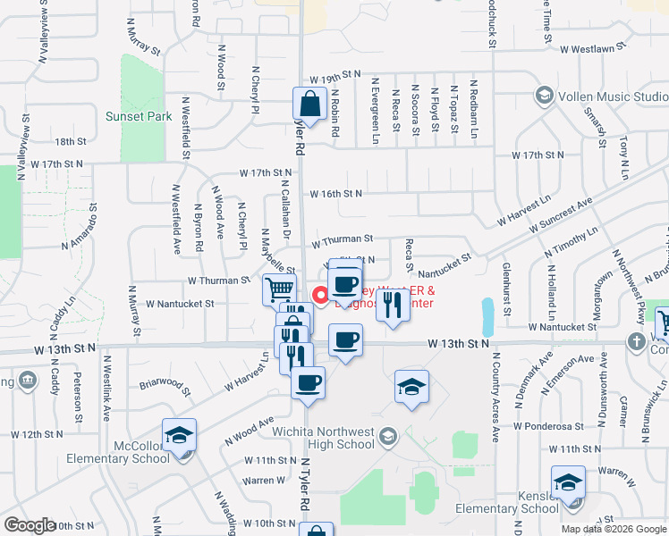 map of restaurants, bars, coffee shops, grocery stores, and more near 8711 West 15th Street North in Wichita
