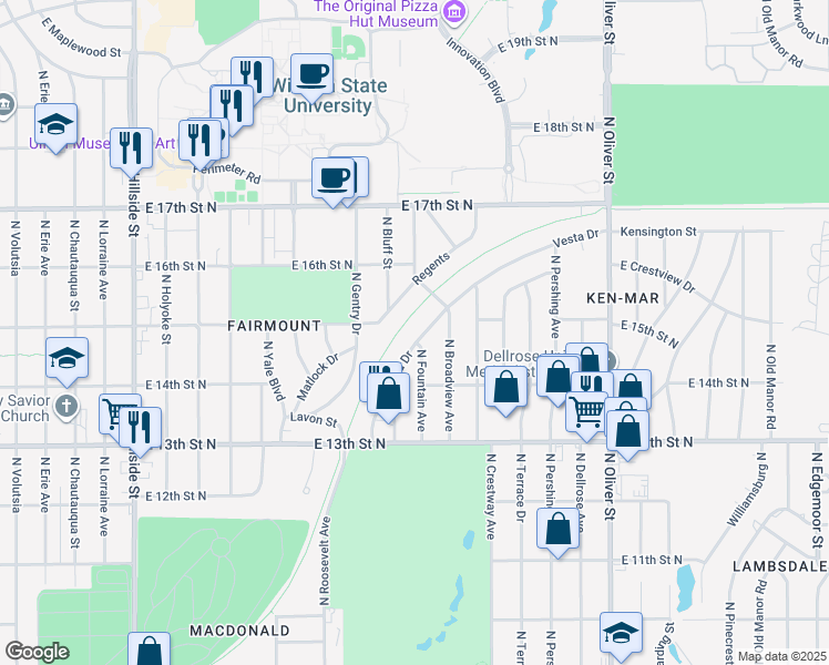 map of restaurants, bars, coffee shops, grocery stores, and more near 4102 Vesta Drive in Wichita