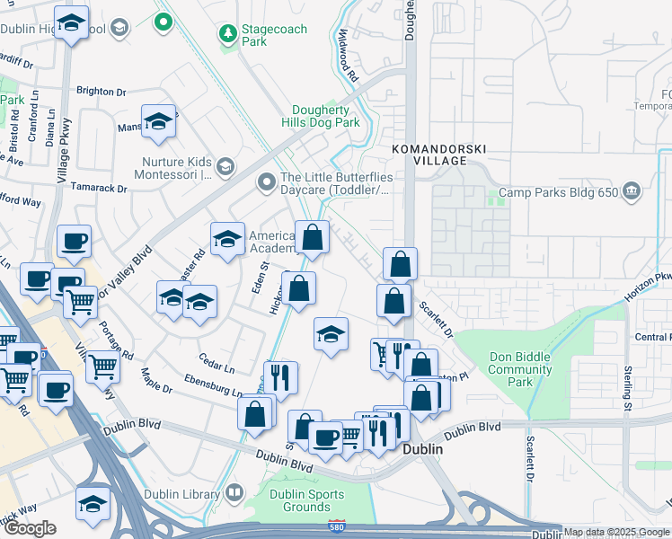 map of restaurants, bars, coffee shops, grocery stores, and more near 6988 Sierra Court in Dublin