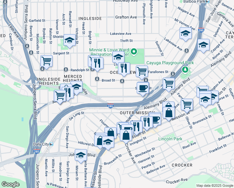 map of restaurants, bars, coffee shops, grocery stores, and more near 222 Sagamore Street in San Francisco
