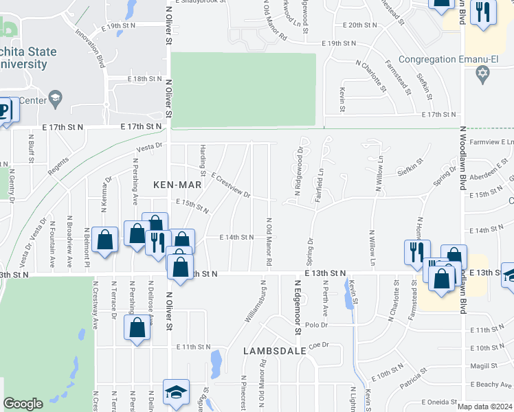 map of restaurants, bars, coffee shops, grocery stores, and more near 1556 North Pinecrest Street in Wichita