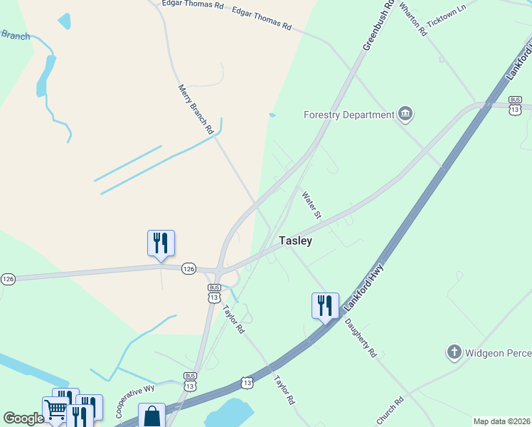 map of restaurants, bars, coffee shops, grocery stores, and more near 24101-24155 Merry Branch Road in Accomack County