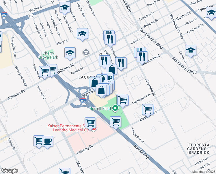 map of restaurants, bars, coffee shops, grocery stores, and more near 1201 Marina Boulevard in San Leandro