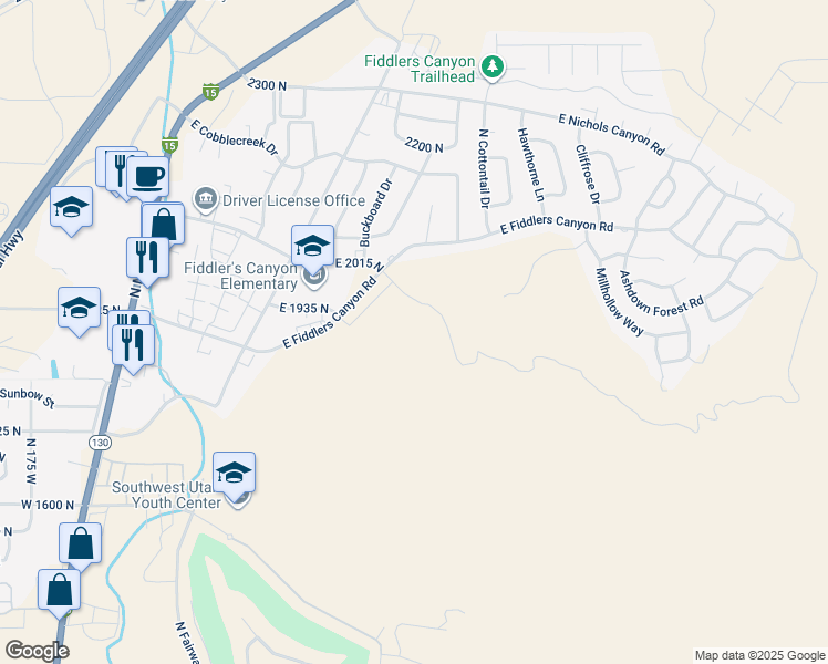 map of restaurants, bars, coffee shops, grocery stores, and more near East Nichols Canyon Road in Cedar City