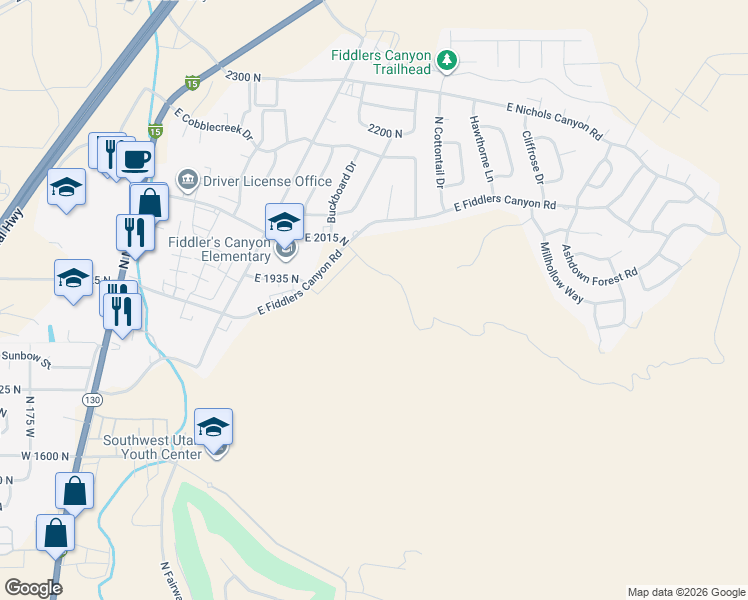 map of restaurants, bars, coffee shops, grocery stores, and more near East Nichols Canyon Road in Cedar City