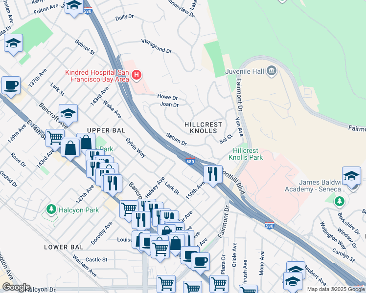map of restaurants, bars, coffee shops, grocery stores, and more near 14749 Saturn Drive in San Leandro