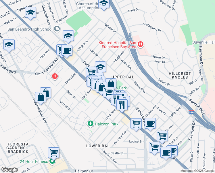 map of restaurants, bars, coffee shops, grocery stores, and more near 14365 Bancroft Avenue in San Leandro