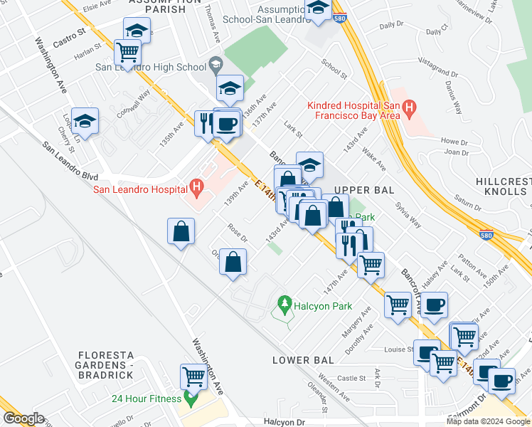 map of restaurants, bars, coffee shops, grocery stores, and more near 14255 East 14th Street in San Leandro