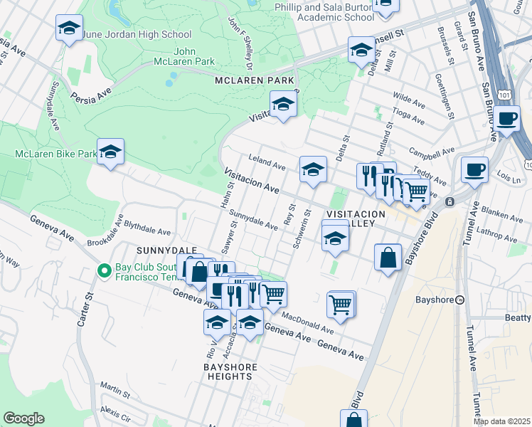map of restaurants, bars, coffee shops, grocery stores, and more near 1250 Sunnydale Avenue in San Francisco