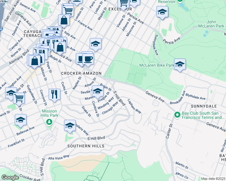 map of restaurants, bars, coffee shops, grocery stores, and more near 722 Prague Street in San Francisco
