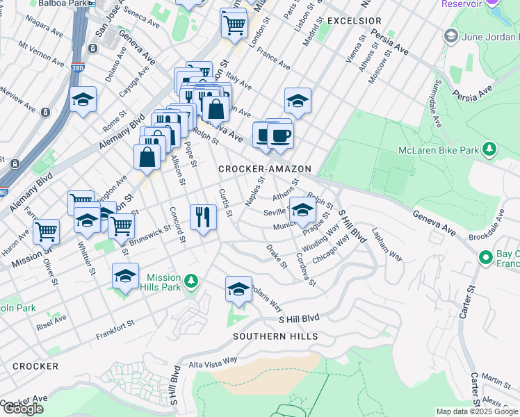 map of restaurants, bars, coffee shops, grocery stores, and more near 179 Seville Street in San Francisco