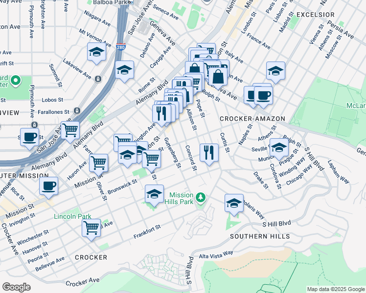 map of restaurants, bars, coffee shops, grocery stores, and more near 119 Guttenberg Street in San Francisco
