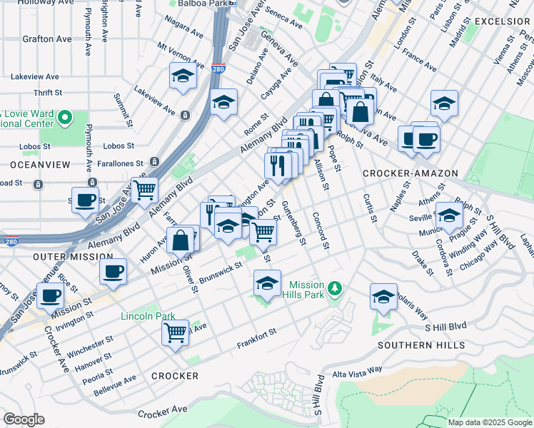 map of restaurants, bars, coffee shops, grocery stores, and more near 644 Morse Street in San Francisco