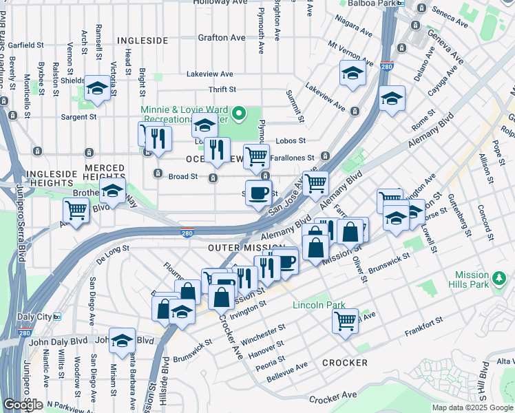map of restaurants, bars, coffee shops, grocery stores, and more near 118 Sagamore Street in San Francisco