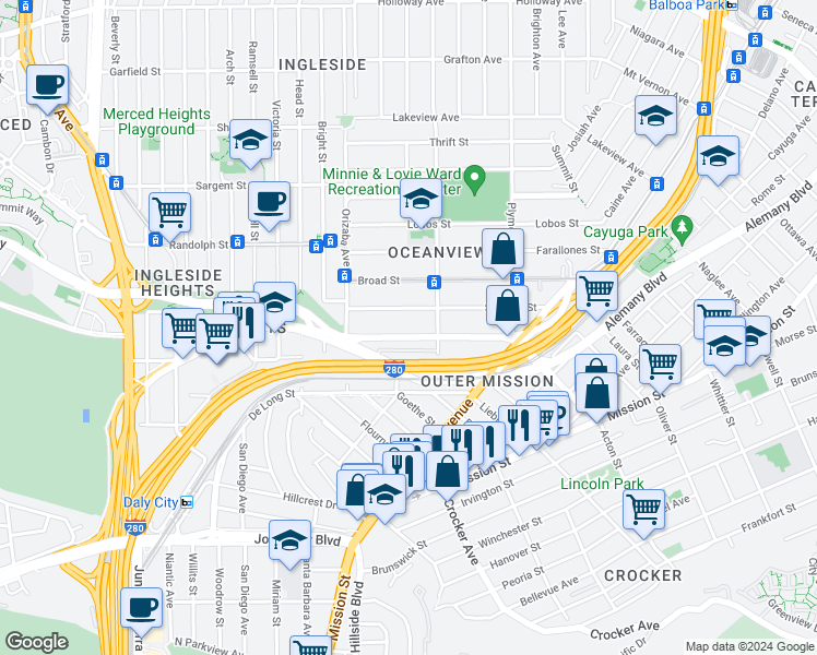 map of restaurants, bars, coffee shops, grocery stores, and more near 222 Sagamore Street in San Francisco